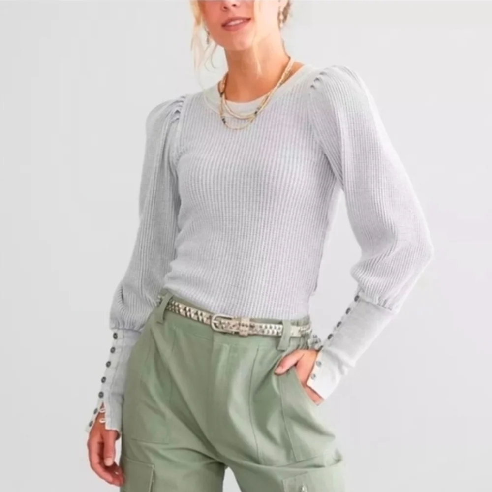 Free People One Wesley Thermal Top Size Medium Blue Moon Crop Cuffed Waffle Knit